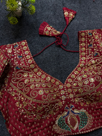 Maroon Peacock Design Heavy Embroidered Blouse | Designer Bridal Wedding Party Wear Blouse for Women