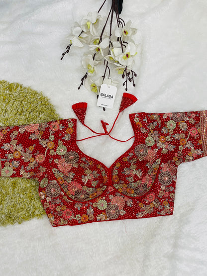 Red Heavy Embroidered Floral Half-Sleeve Blouse with Tassels