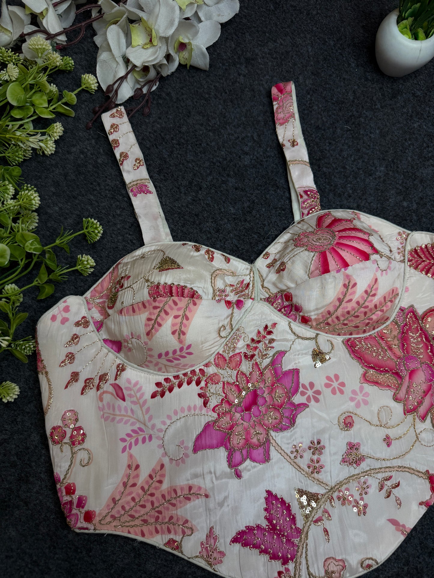 BALADA White Pink Floral Embroidered Readymade Blouse for Women | Designer Bustier Blouse | Party Wear Lehenga Saree Blouse
