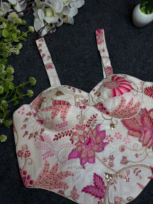 BALADA White Pink Floral Embroidered Readymade Blouse for Women | Designer Bustier Blouse | Party Wear Lehenga Saree Blouse