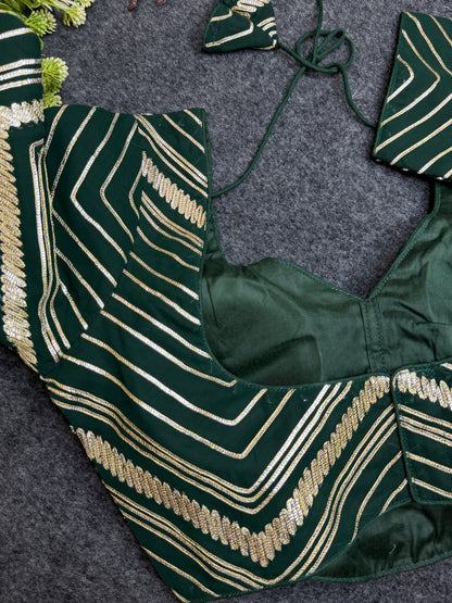 BALADA Bottle Green Designer Readymade Blouse for Women | Fancy V Neck Party Wear Blouse | Lehenga Saree Blouse with Golden Stripe Work