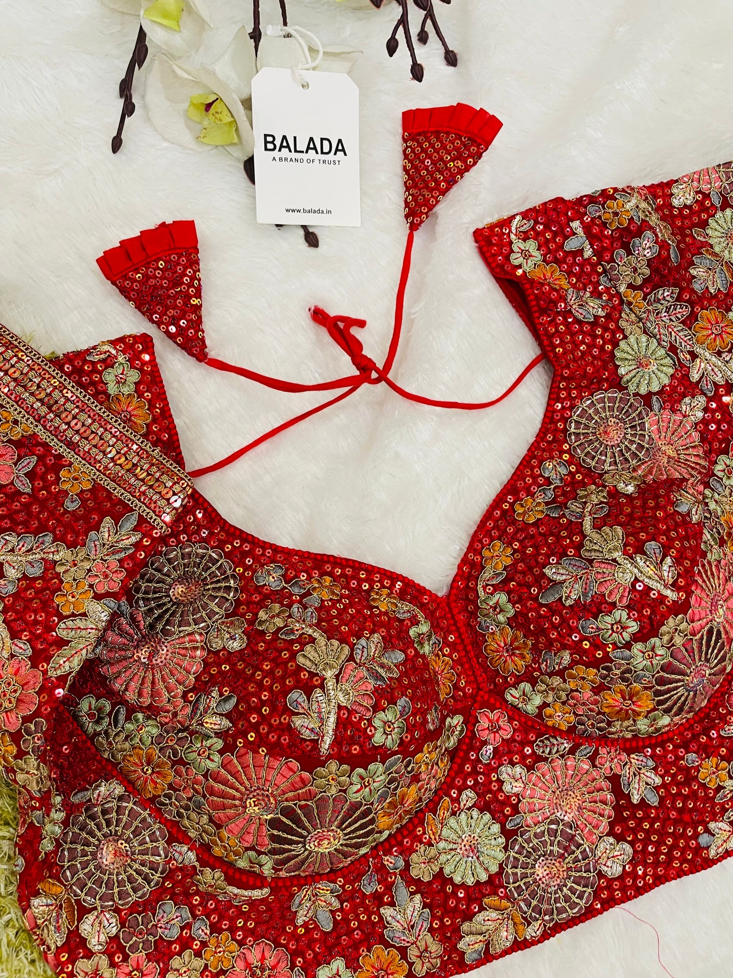 Red Heavy Embroidered Floral Half-Sleeve Blouse with Tassels