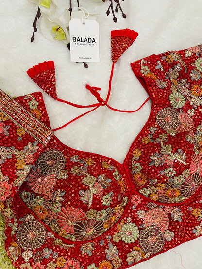 Red Heavy Embroidered Floral Half-Sleeve Blouse with Tassels