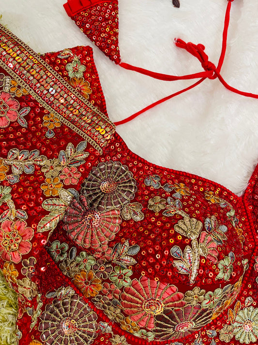 Red Heavy Embroidered Floral Half-Sleeve Blouse with Tassels