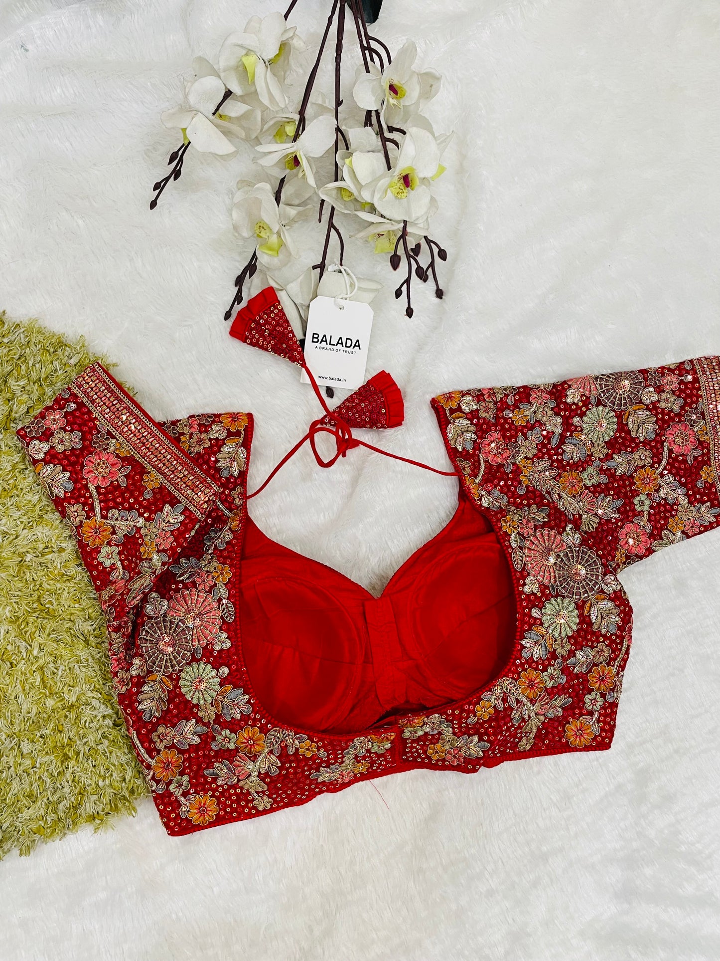 Red Heavy Embroidered Floral Half-Sleeve Blouse with Tassels