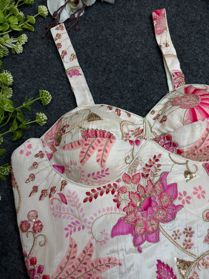 BALADA White Pink Floral Embroidered Readymade Blouse for Women | Designer Bustier Blouse | Party Wear Lehenga Saree Blouse