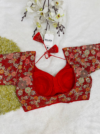Red Heavy Embroidered Floral Half-Sleeve Blouse with Tassels
