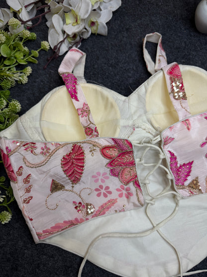 BALADA White Pink Floral Embroidered Readymade Blouse for Women | Designer Bustier Blouse | Party Wear Lehenga Saree Blouse
