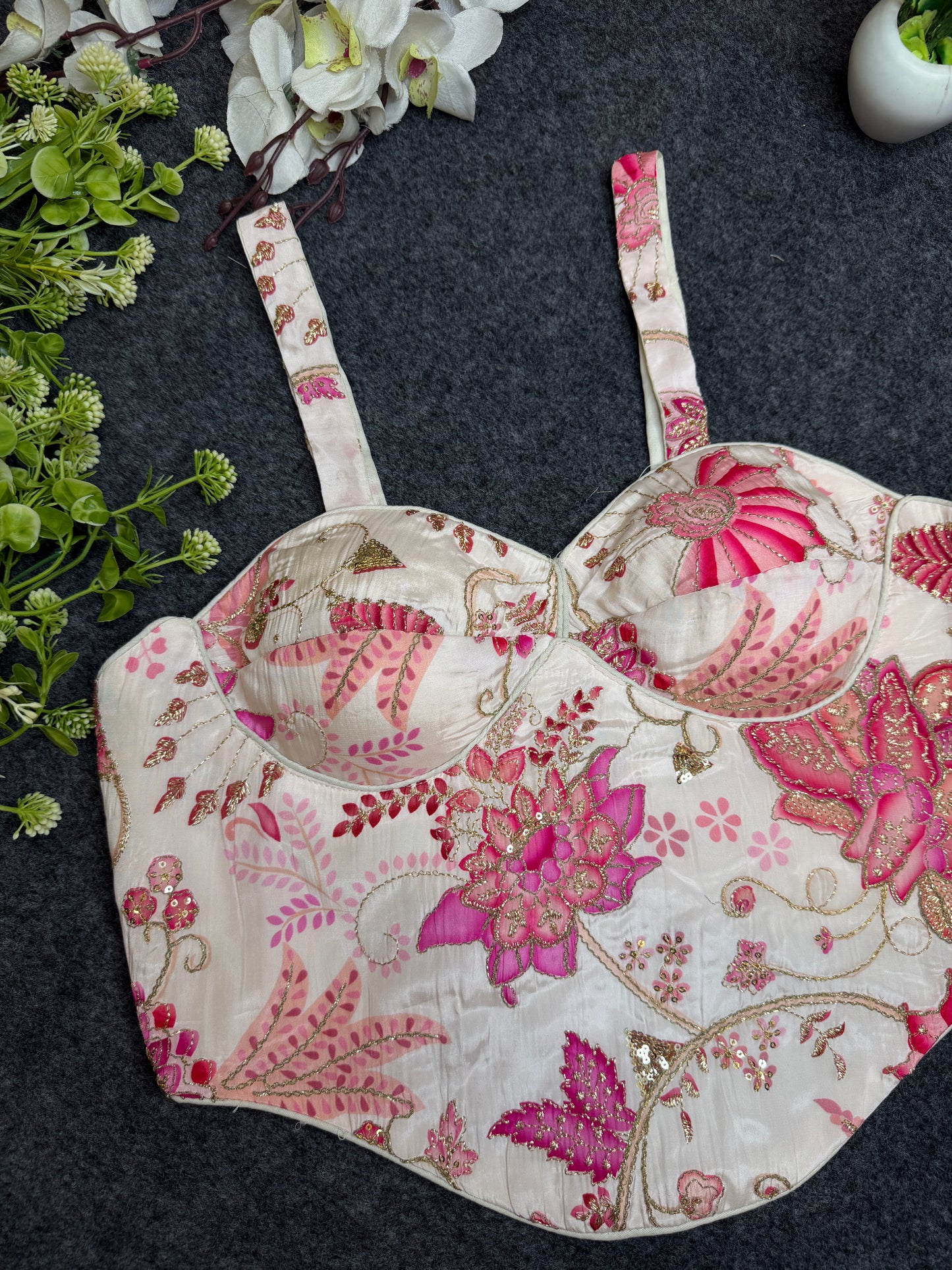 BALADA White Pink Floral Embroidered Readymade Blouse for Women | Designer Bustier Blouse | Party Wear Lehenga Saree Blouse