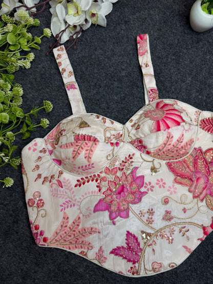 BALADA White Pink Floral Embroidered Readymade Blouse for Women | Designer Bustier Blouse | Party Wear Lehenga Saree Blouse