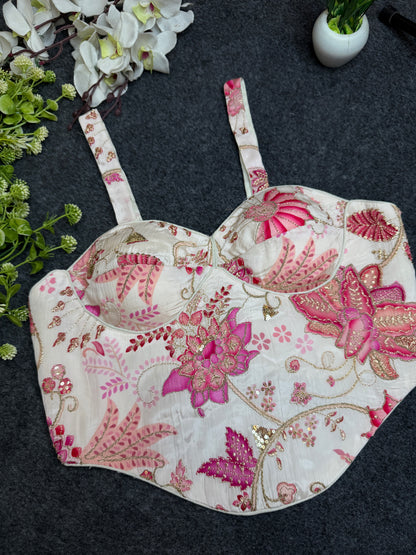 BALADA White Pink Floral Embroidered Readymade Blouse for Women | Designer Bustier Blouse | Party Wear Lehenga Saree Blouse