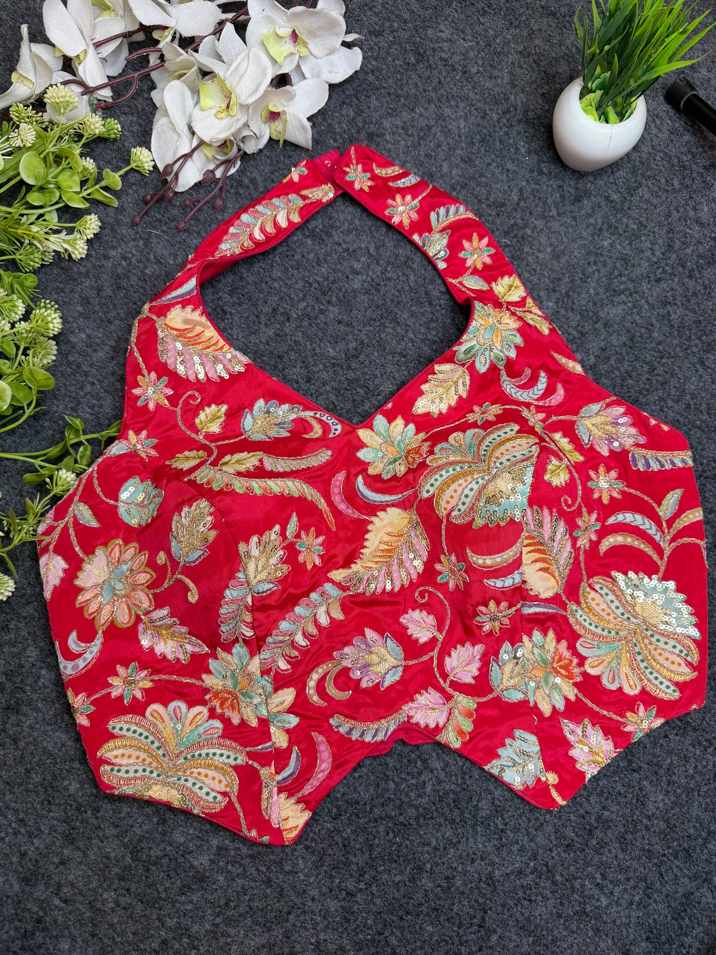 Designer Pink Halter Neck Embroidered Blouse for Women | Heavy Floral Thread & Sequin Work Party Wear Readymade Blouse