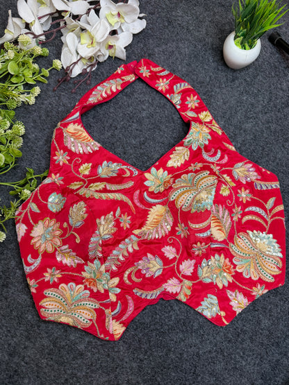 Designer Pink Halter Neck Embroidered Blouse for Women | Heavy Floral Thread & Sequin Work Party Wear Readymade Blouse