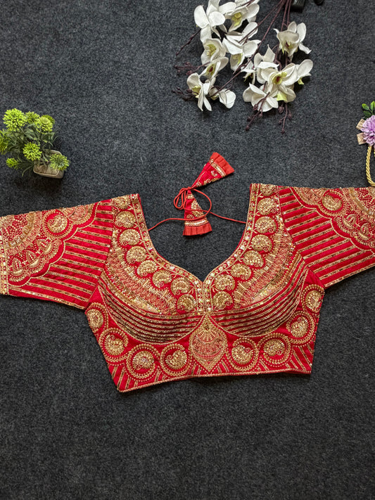 Red Designer Bridal Blouse with Heavy Zari Embroidery Work for Lehenga, Wedding & Party Wear Choli