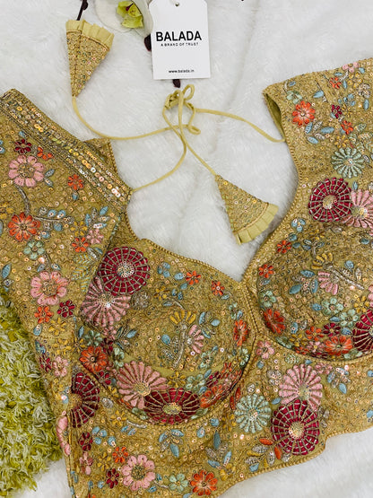 Regal Golden Floral Hand-Embroidered Silk Blouse for Festive Glamour
