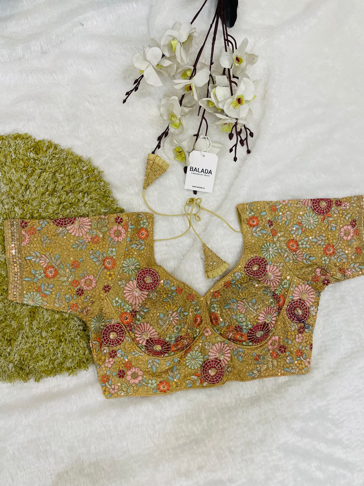 Regal Golden Floral Hand-Embroidered Silk Blouse for Festive Glamour