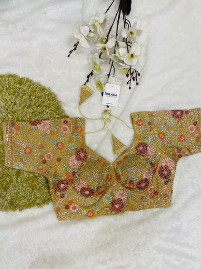 Regal Golden Floral Hand-Embroidered Silk Blouse for Festive Glamour