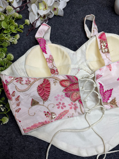 BALADA White Pink Floral Embroidered Readymade Blouse for Women | Designer Bustier Blouse | Party Wear Lehenga Saree Blouse