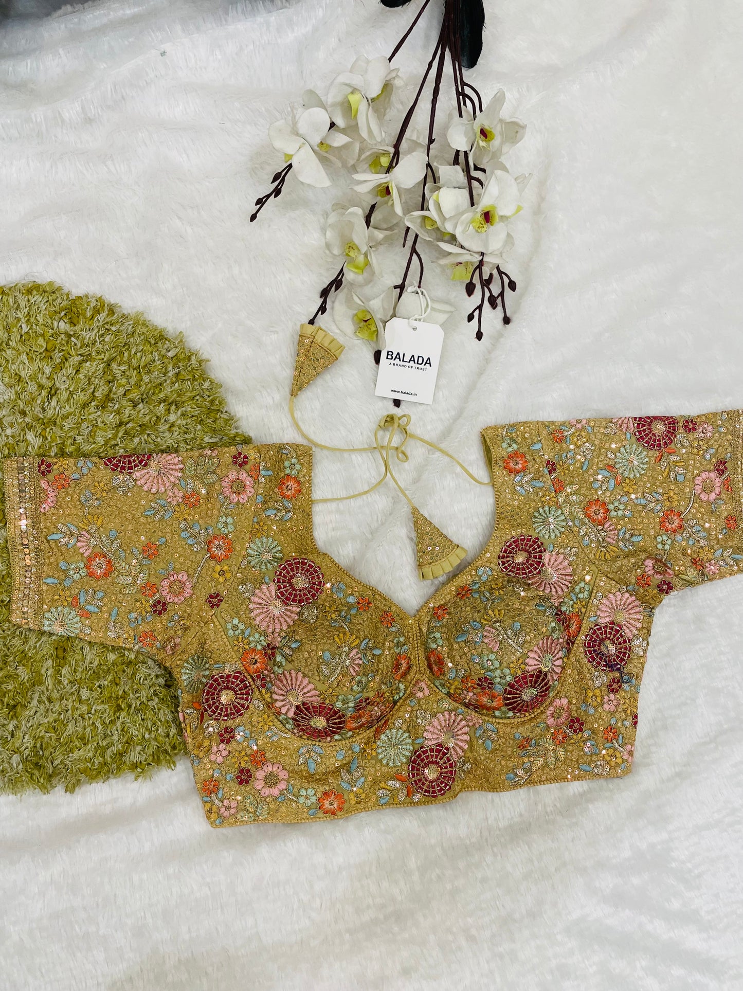 Regal Golden Floral Hand-Embroidered Silk Blouse for Festive Glamour