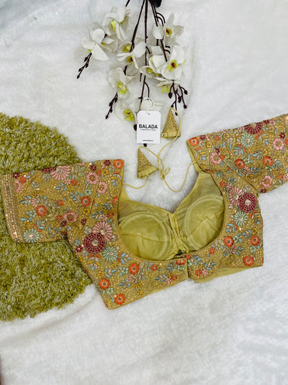 Regal Golden Floral Hand-Embroidered Silk Blouse for Festive Glamour