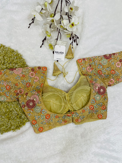 Regal Golden Floral Hand-Embroidered Silk Blouse for Festive Glamour