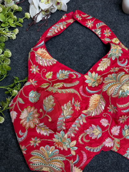 Designer Pink Halter Neck Embroidered Blouse for Women | Heavy Floral Thread & Sequin Work Party Wear Readymade Blouse