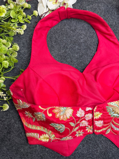 Designer Pink Halter Neck Embroidered Blouse for Women | Heavy Floral Thread & Sequin Work Party Wear Readymade Blouse