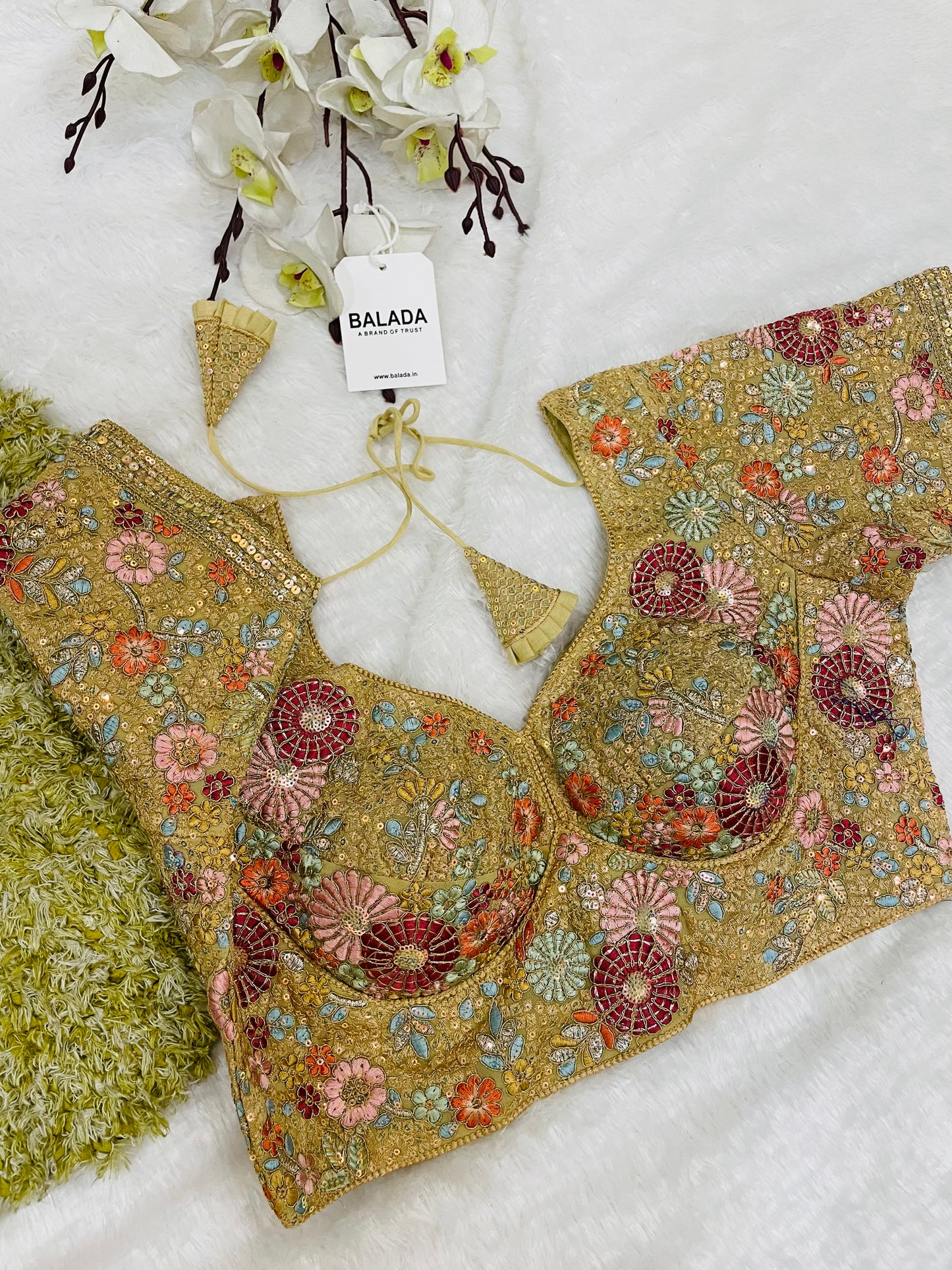 Regal Golden Floral Hand-Embroidered Silk Blouse for Festive Glamour