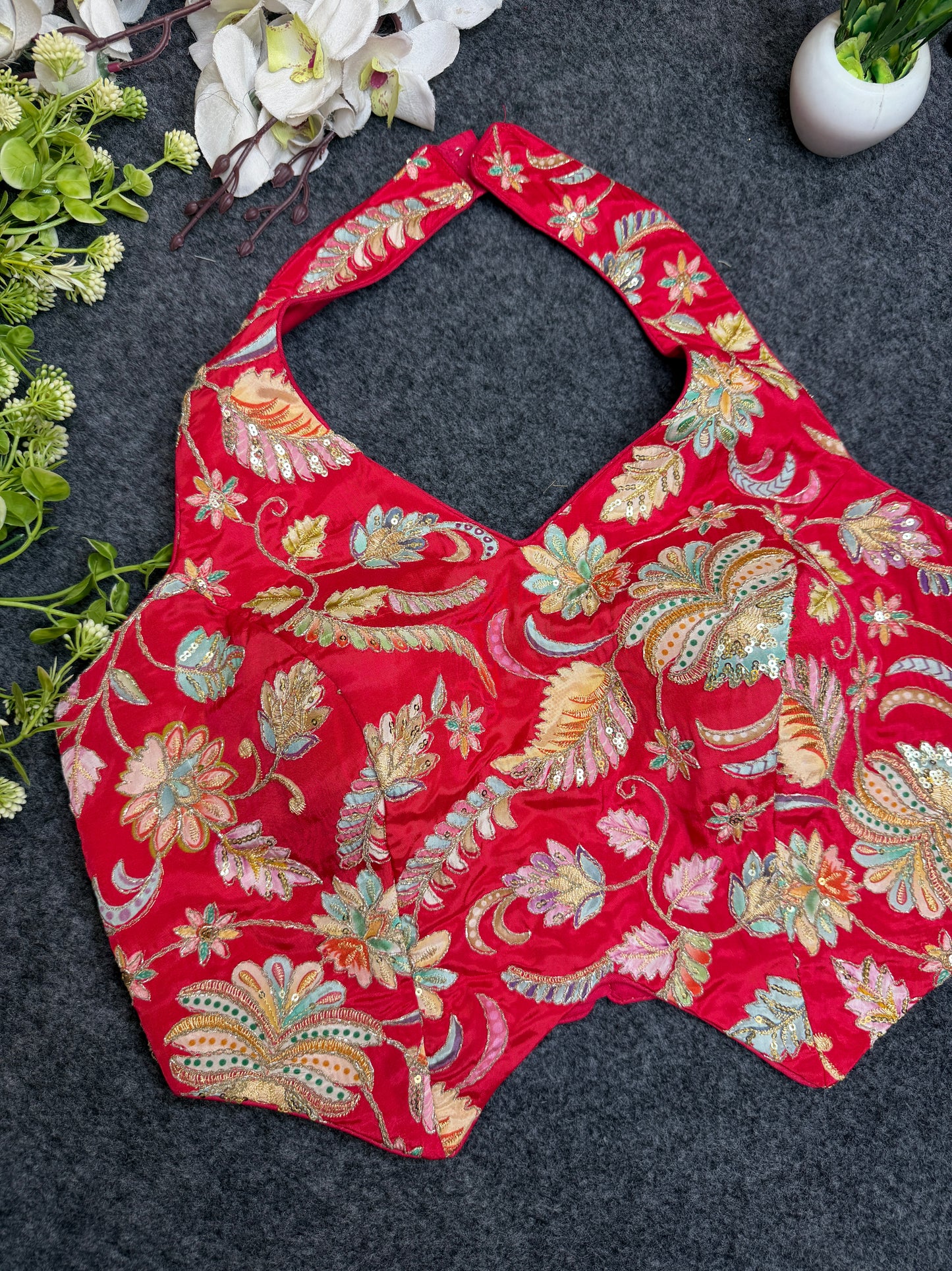 Designer Pink Halter Neck Embroidered Blouse for Women | Heavy Floral Thread & Sequin Work Party Wear Readymade Blouse