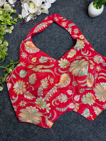 Designer Pink Halter Neck Embroidered Blouse for Women | Heavy Floral Thread & Sequin Work Party Wear Readymade Blouse