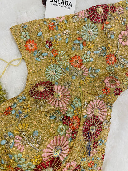Regal Golden Floral Hand-Embroidered Silk Blouse for Festive Glamour