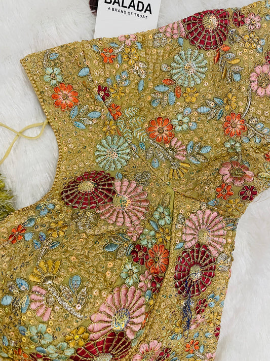 Regal Golden Floral Hand-Embroidered Silk Blouse for Festive Glamour