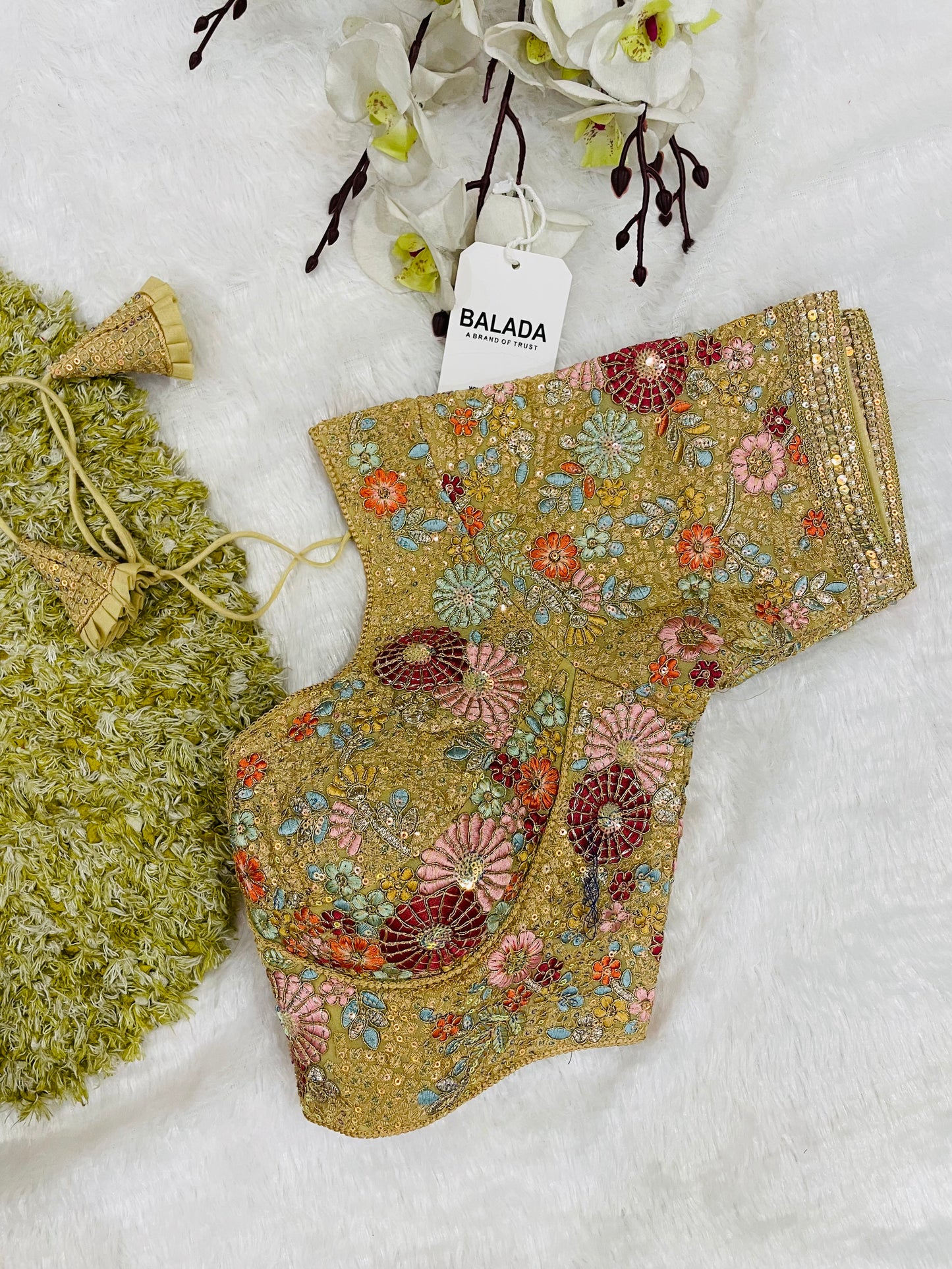 Regal Golden Floral Hand-Embroidered Silk Blouse for Festive Glamour