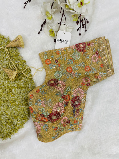 Regal Golden Floral Hand-Embroidered Silk Blouse for Festive Glamour