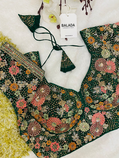 Majestic Emerald Green Floral Embroidered Silk Blouse for Special Occasions