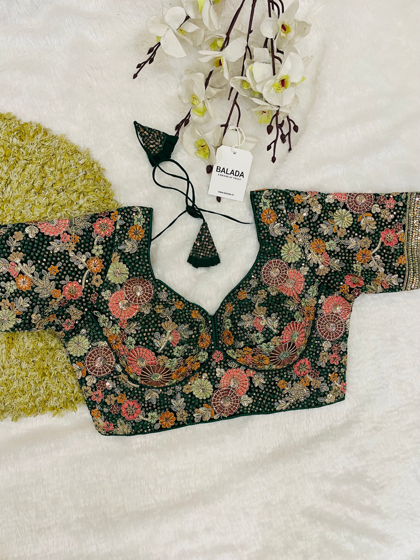 Majestic Emerald Green Floral Embroidered Silk Blouse for Special Occasions