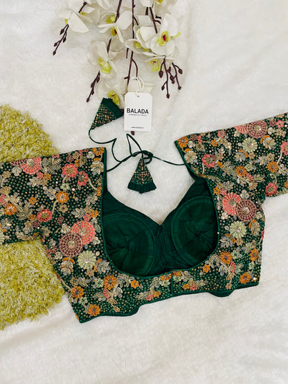 Majestic Emerald Green Floral Embroidered Silk Blouse for Special Occasions