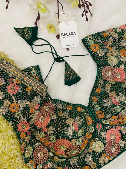 Majestic Emerald Green Floral Embroidered Silk Blouse for Special Occasions