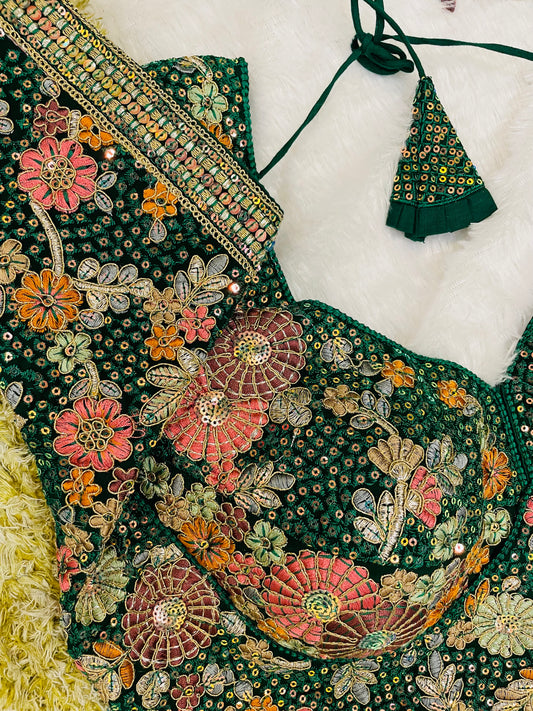Majestic Emerald Green Floral Embroidered Silk Blouse for Special Occasions