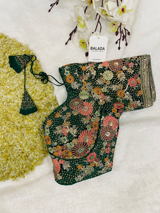 Majestic Emerald Green Floral Embroidered Silk Blouse for Special Occasions