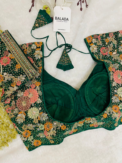 Majestic Emerald Green Floral Embroidered Silk Blouse for Special Occasions