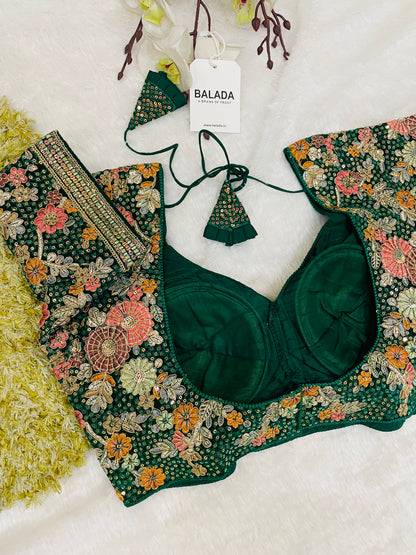 Majestic Emerald Green Floral Embroidered Silk Blouse for Special Occasions
