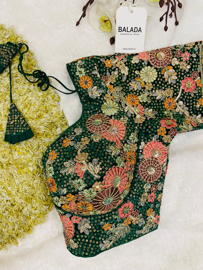 Majestic Emerald Green Floral Embroidered Silk Blouse for Special Occasions