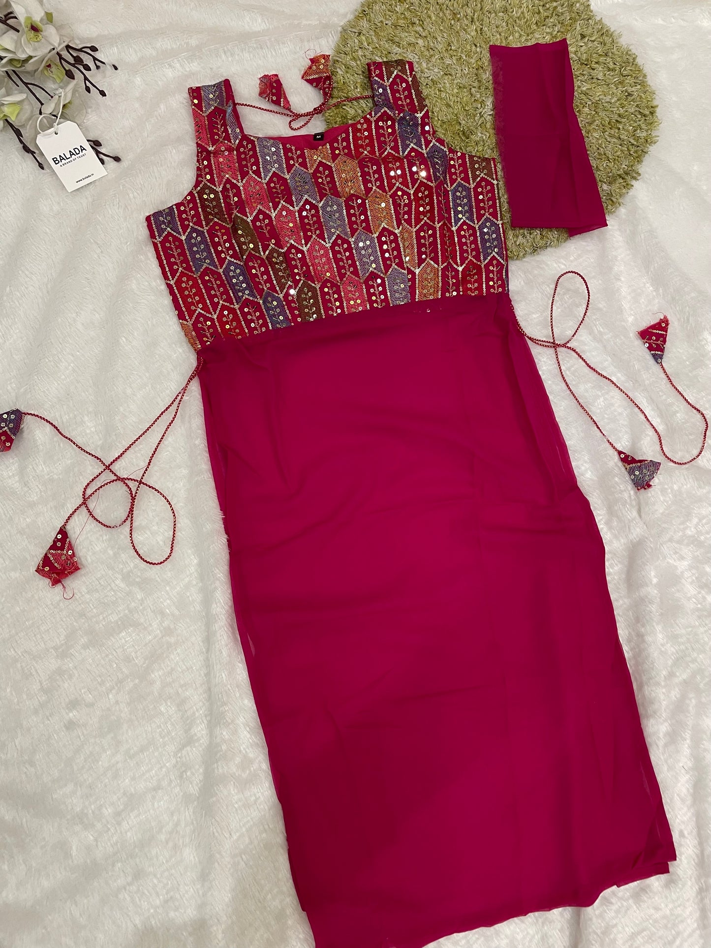 Geometric Mirror Work Kurti with Embroidered Yoke
