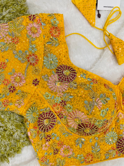 Radiant Yellow Floral Embroidered Silk Blouse for Festive Celebrations