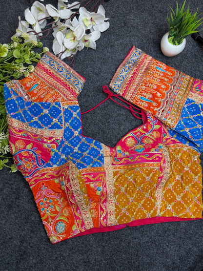 Multicolor Kutchi Work Designer Blouse for Women | Heavy Embroidered Patchwork Navratri Garba Readymade Blouse