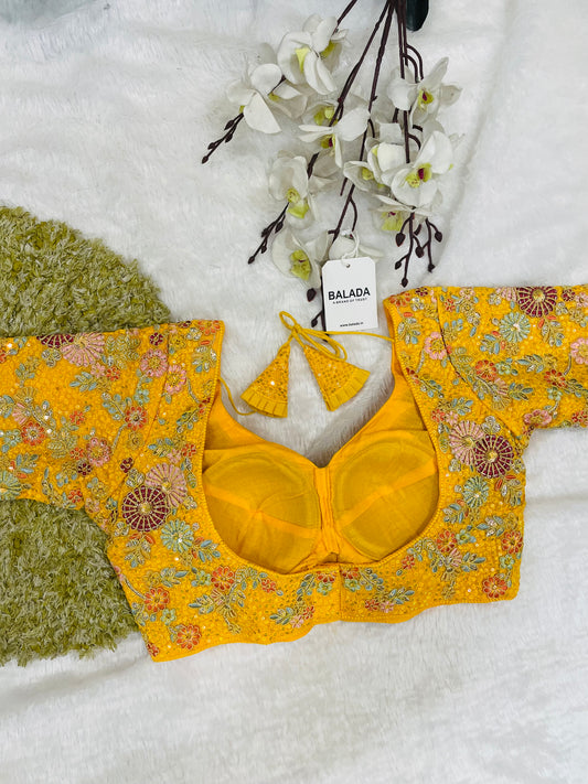 Radiant Yellow Floral Embroidered Silk Blouse for Festive Celebrations