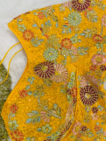 Radiant Yellow Floral Embroidered Silk Blouse for Festive Celebrations