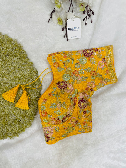Radiant Yellow Floral Embroidered Silk Blouse for Festive Celebrations